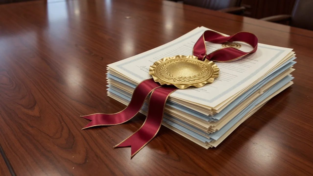 Compliance and certification documents with a gold seal on a polished boardroom table