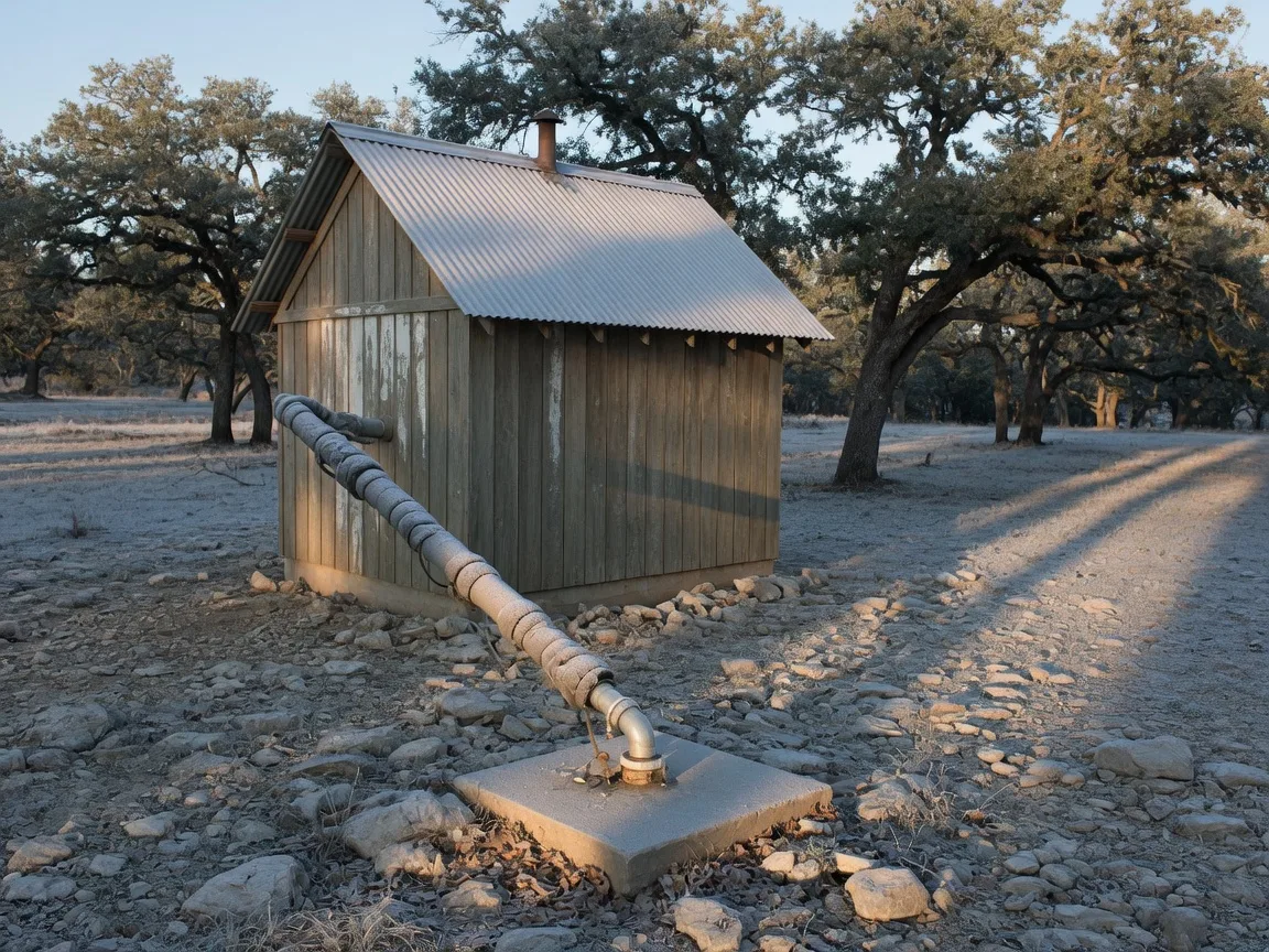 A small Hill Country wellhouse with frost on its metal roof and a foam-wrapped well pipe running from the wellhead
