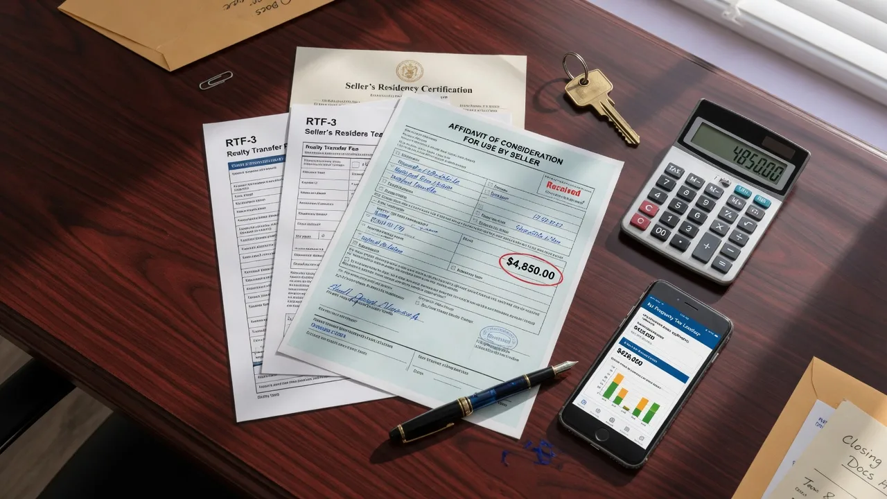 Overhead flat-lay of New Jersey Realty Transfer Tax documents on a mahogany desk with a calculator, pen, and brass house key