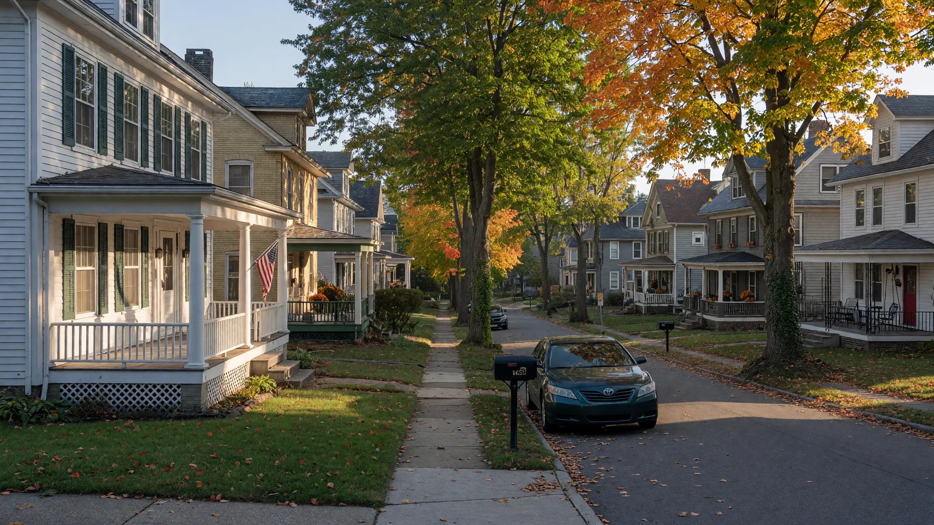 A tree-lined residential avenue in Cleveland Heights, Ohio on a crisp October morning, early-20th-century frame colonial and brick homes with covered front porches beneath maples turning orange and gold