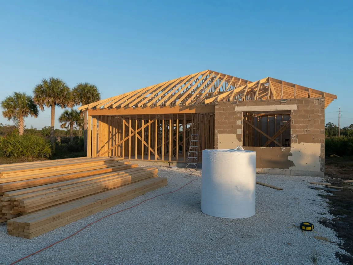 A single-family home under construction in Florida with exposed wood framing and roof trusses against a bright sky.