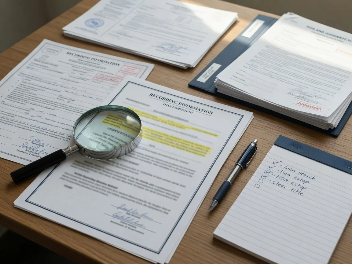 Deed and title-commitment pages examined with a magnifying glass to spot title clouds.