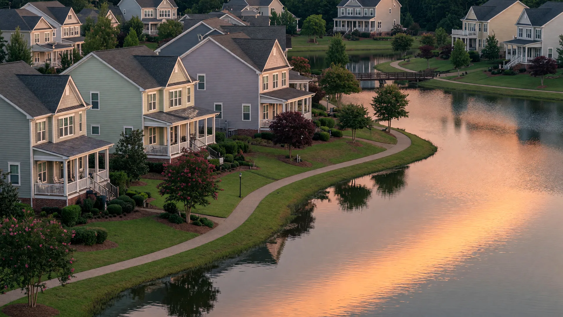 A lakeside master-planned community with HHHunt homes around a pond and walking trail at golden hour