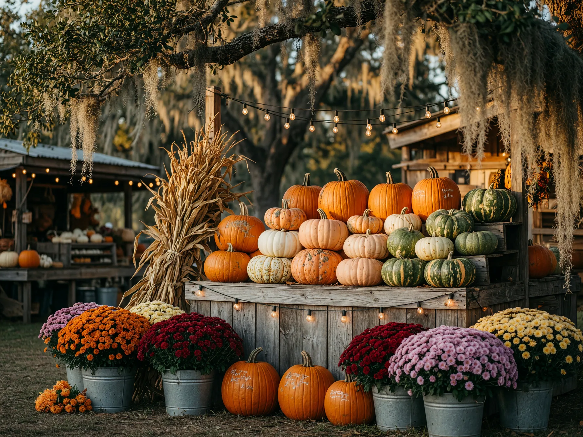 An autumn market stall with pumpkins, mums, and string lights beneath live oak branches
