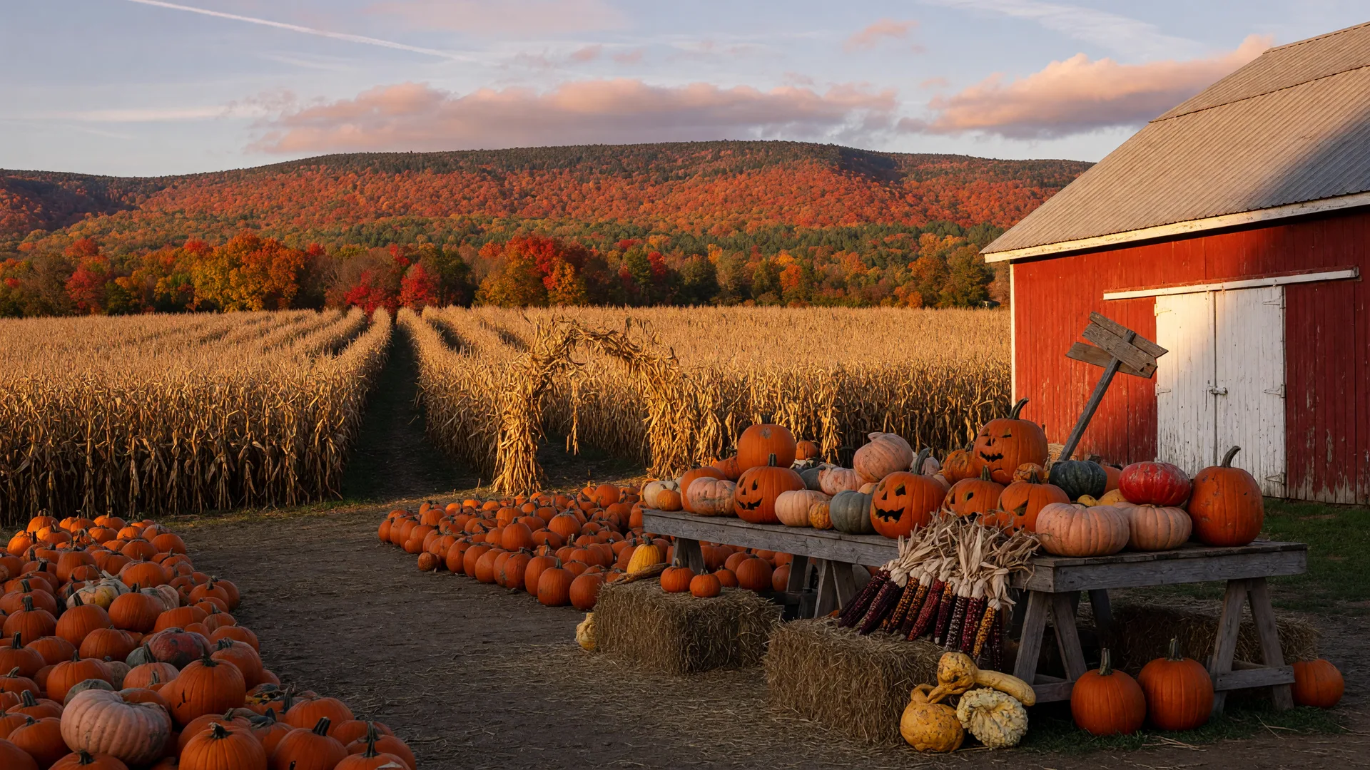 Peak late-October color on the Blue Mountain ridge above a Lehigh Valley pumpkin patch with a corn maze and stacked pumpkins at a red barn farm stand in warm evening light