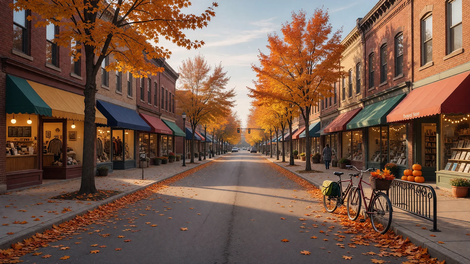 Revitalized small-town main street with brick storefronts, awnings, and bicycles outside a shop on an autumn morning