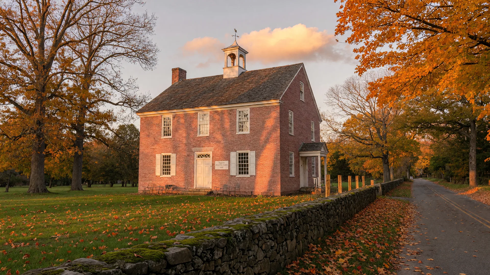 Red-brick Quaker Friends meeting house on a tree-lined South Jersey country lane in autumn golden-hour light