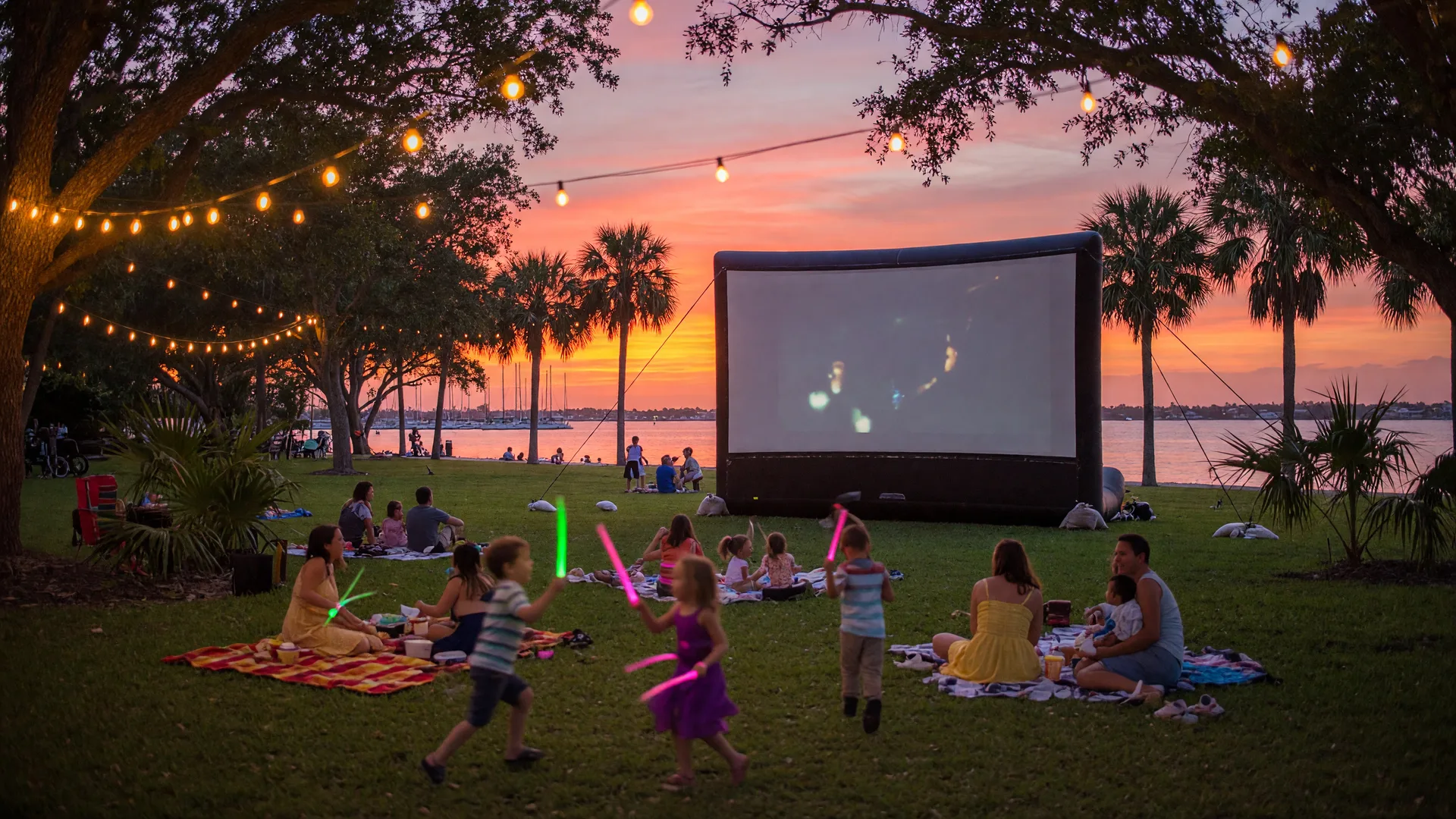 Family outdoor movie night at a Sarasota park