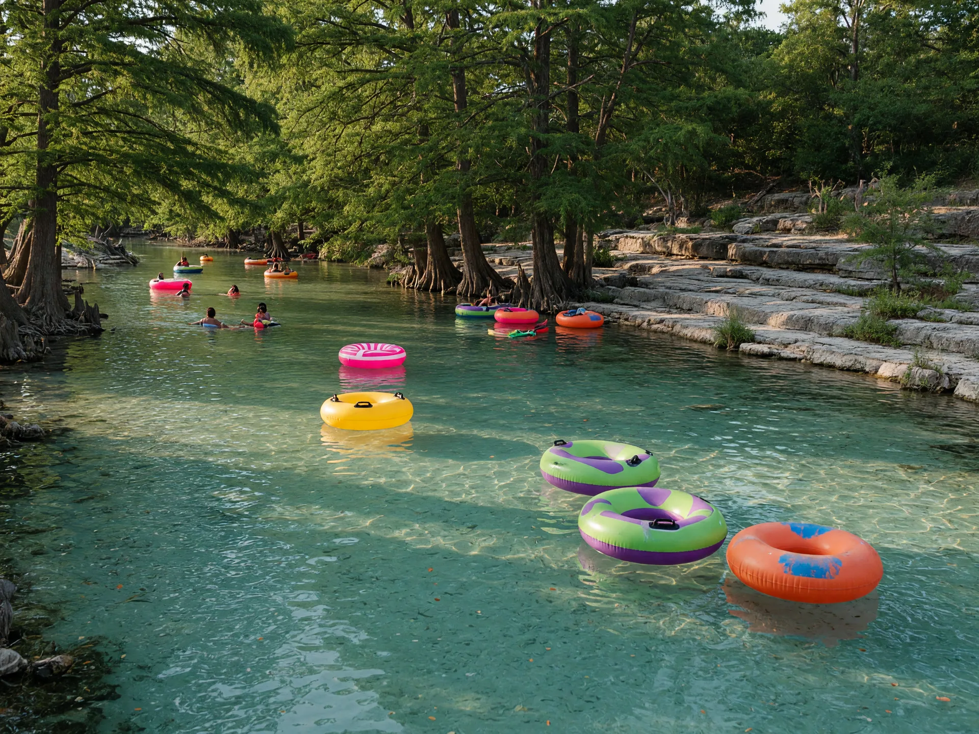 Distant unseen tubers float on the clear turquoise Frio River at Concan beneath a canopy of tall cypress trees in summer light