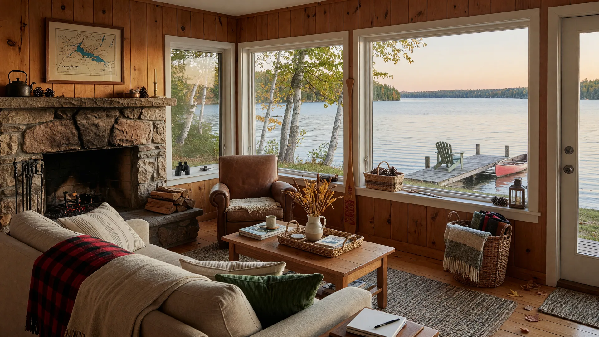 Cozy furnished Minnesota lake cabin interior with a stone fireplace and large windows framing the lake in late September light