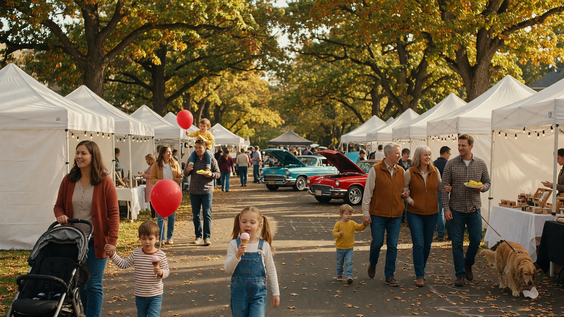 A community festival on a bright autumn afternoon with white vendor tents, families strolling, a classic car show, golden foliage, and kids with balloons under warm golden-hour light