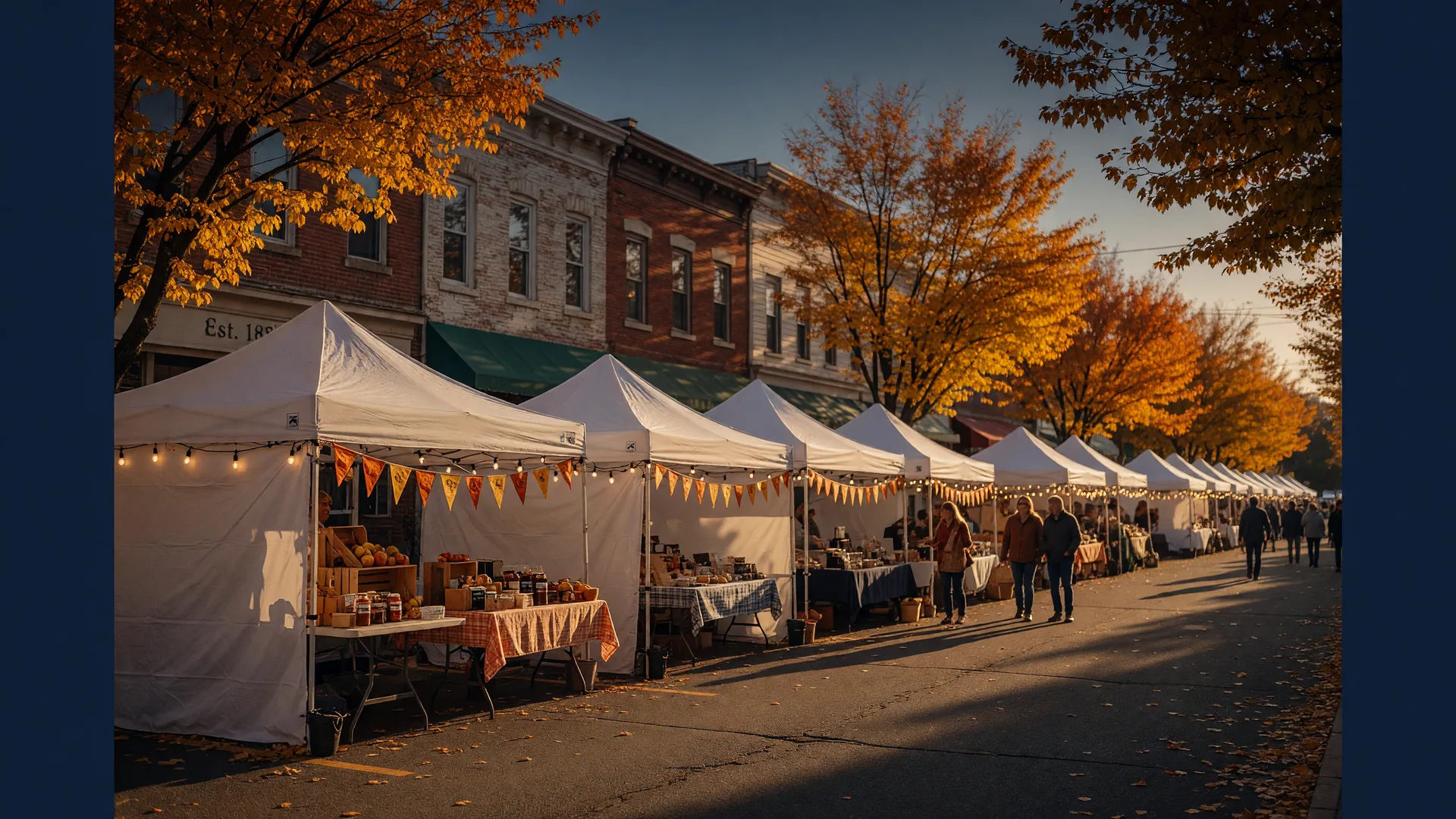 Autumn festival with vendor tents and string lights on a tree-lined Main Street in South Jersey