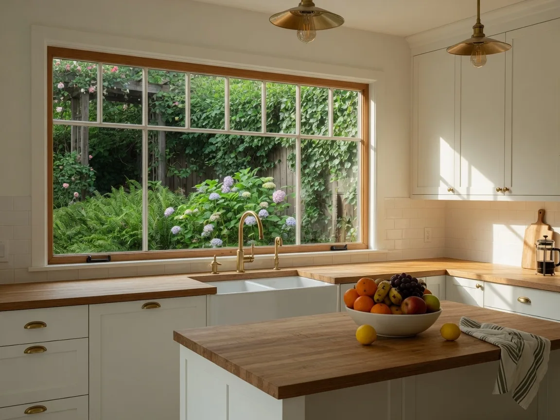 A bright renovated kitchen in a Victoria BC home with white cabinets and a garden view over the sink