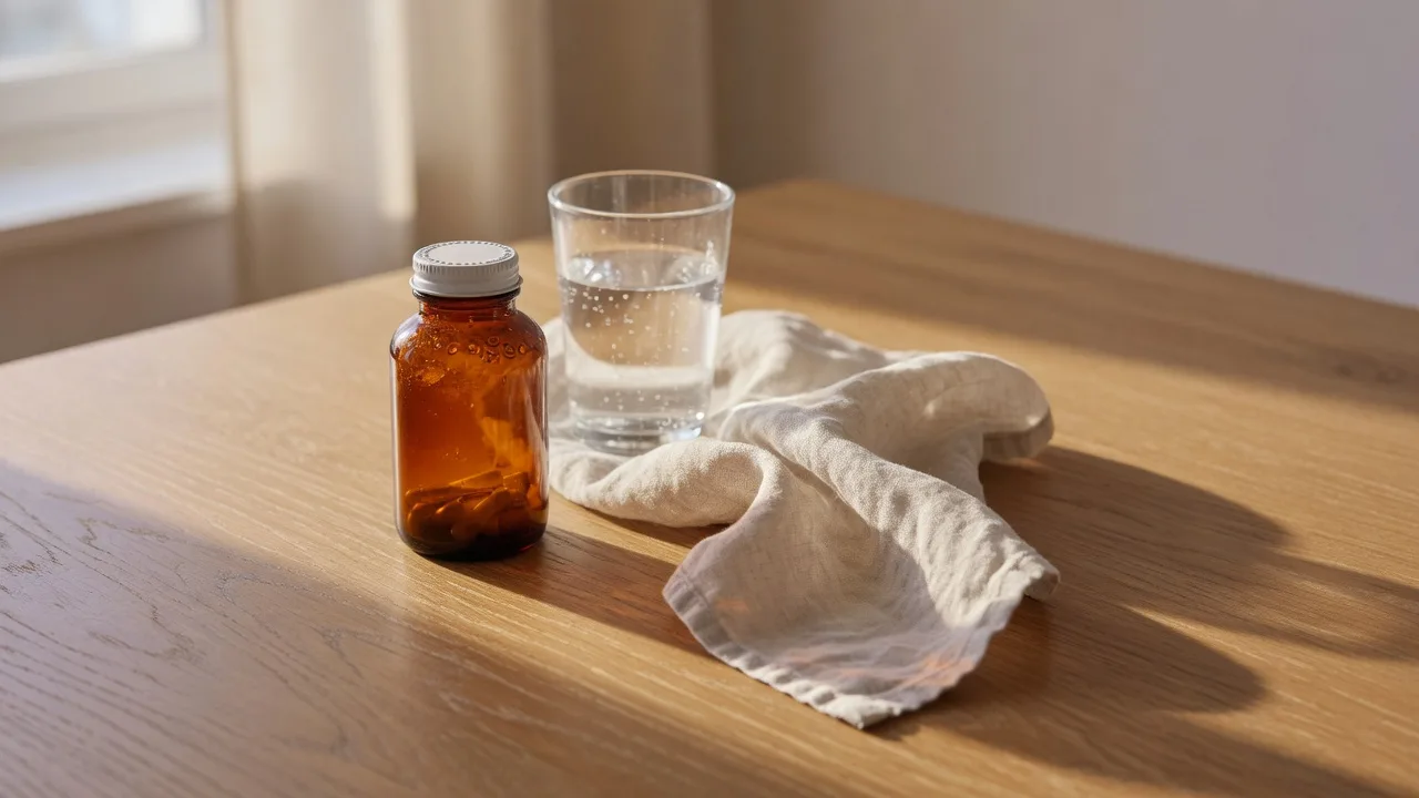 A small amber glass prescription bottle and a clear glass of water on a warm oak table in soft morning light