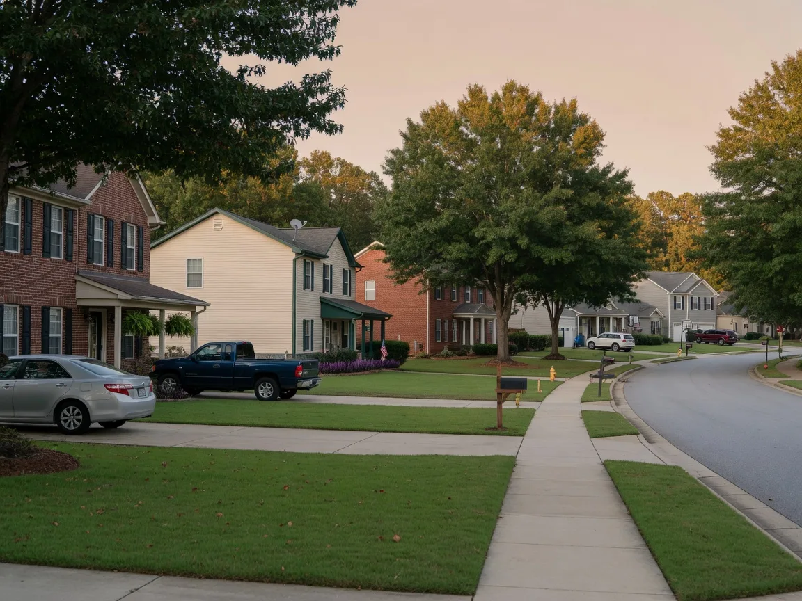 Quiet family neighborhood in Douglas County with brick and vinyl-sided homes, green lawns, sidewalks, shade trees, and parked cars