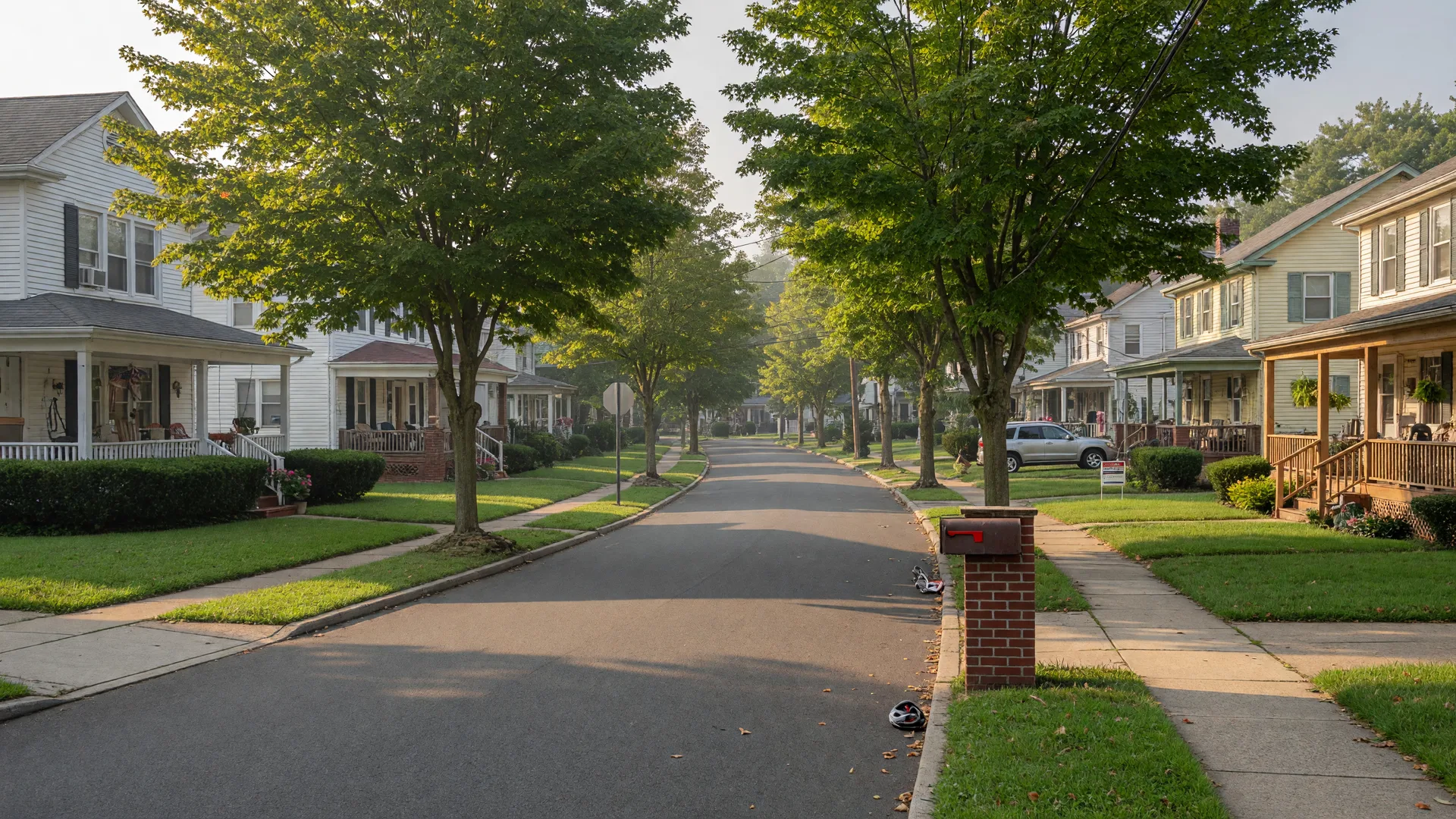 A quiet tree-lined residential street in West Orange with single-family homes on a late-summer morning