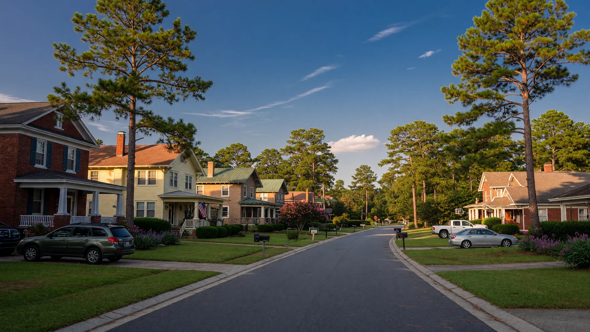 Late-summer afternoon light on a quiet residential street of brick and craftsman homes among longleaf pines in the North Carolina Sandhills