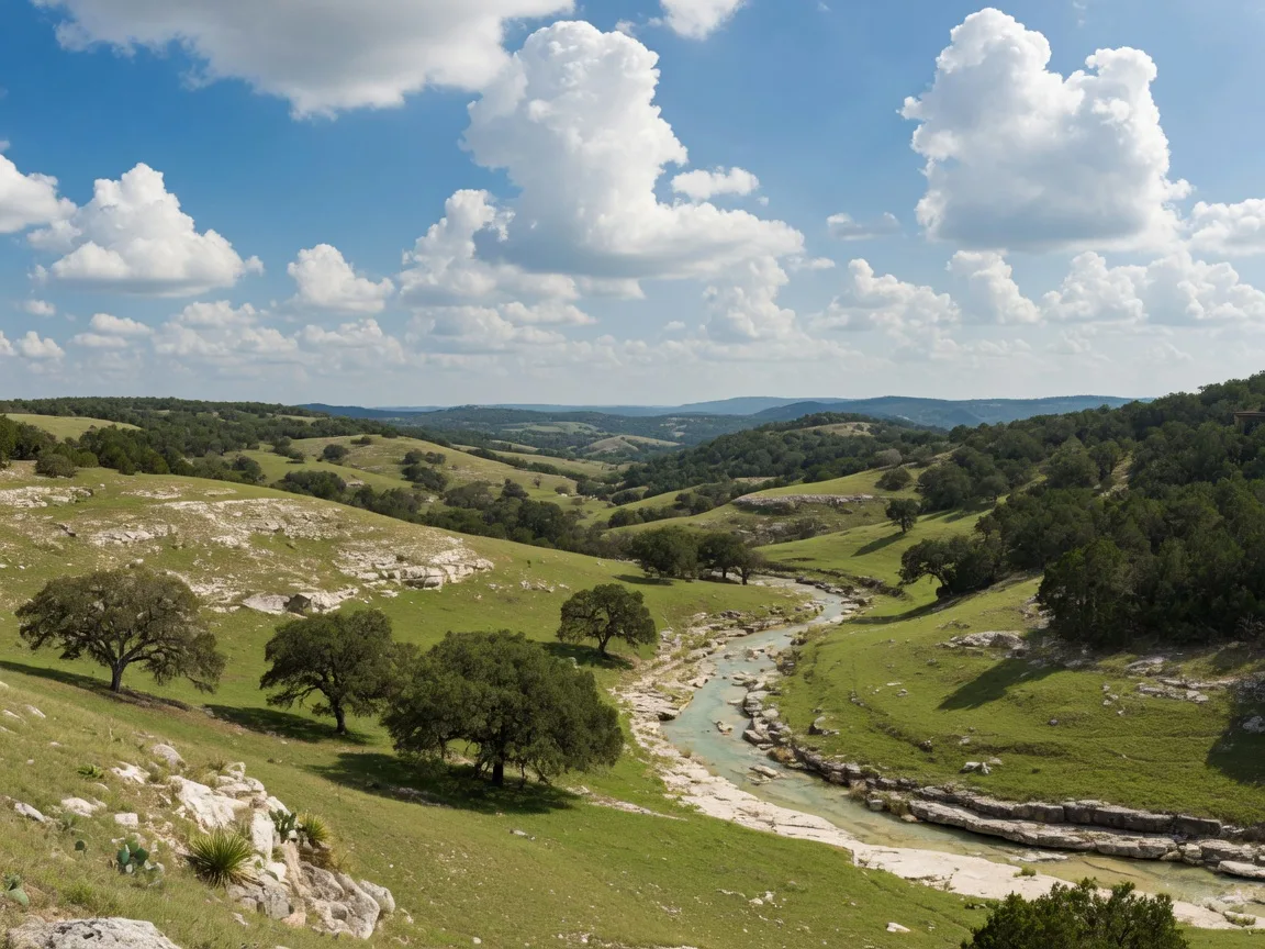 Wide panoramic view of layered green Texas Hill Country hills under a dramatic blue sky