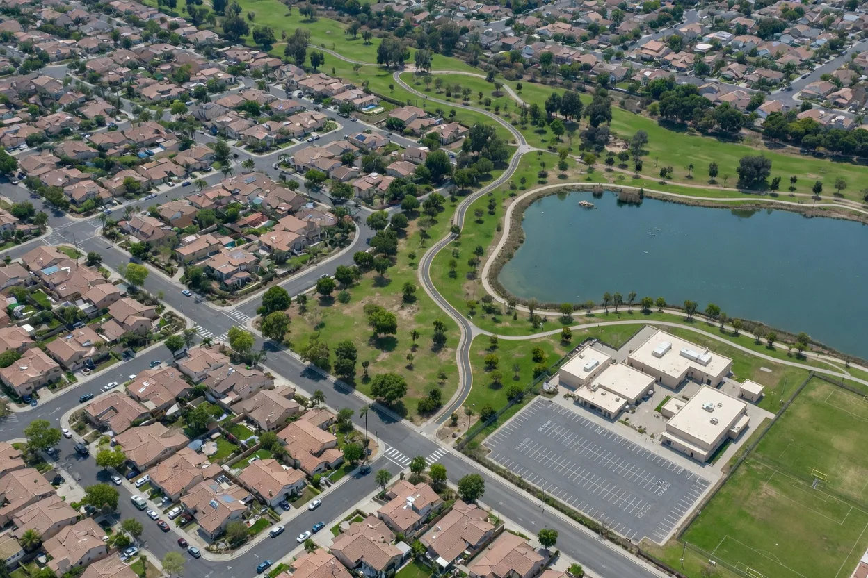 Clean aerial view of the established Irvine neighborhood around 8 Silverwood with mature trees and nearby recreation