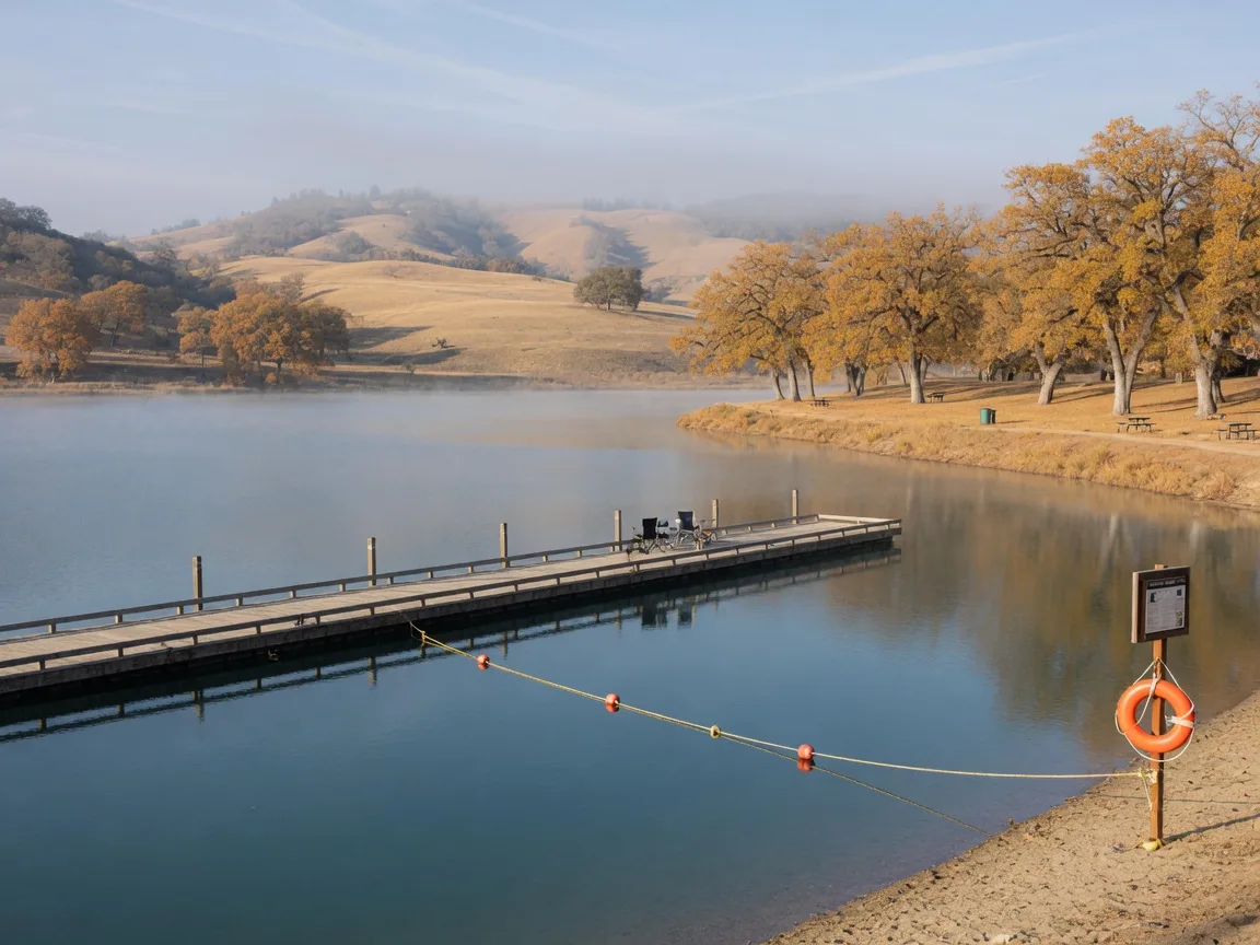 A small no-wake reservoir in the California foothills near Merced County on a crisp autumn morning, a wooden fishing dock reaching into calm blue-green water, golden oak trees and rolling hills on the far shore, and a swim area with a floating rope line and orange life ring
