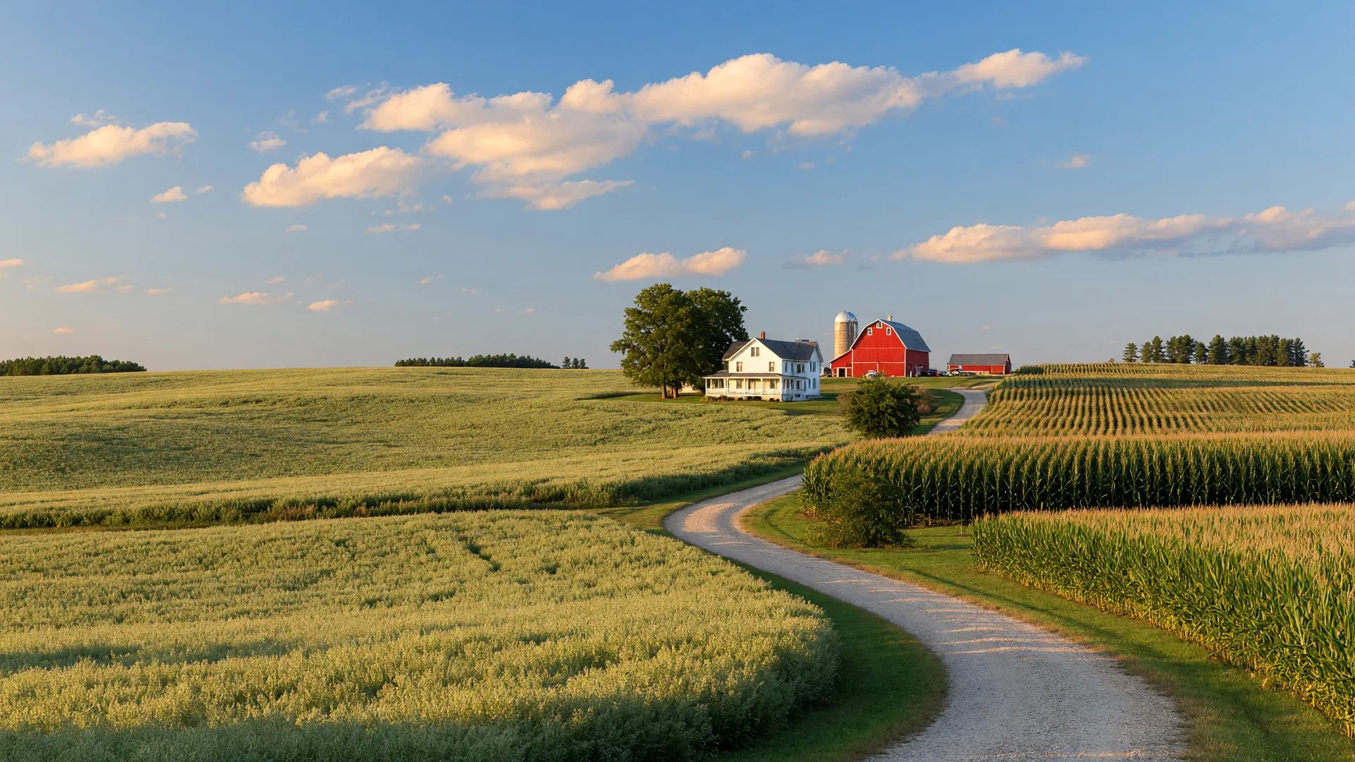 Rolling farmland in Gaines Township, Genesee County with soybean and corn fields, a white farmhouse, and a maple-lined gravel lane