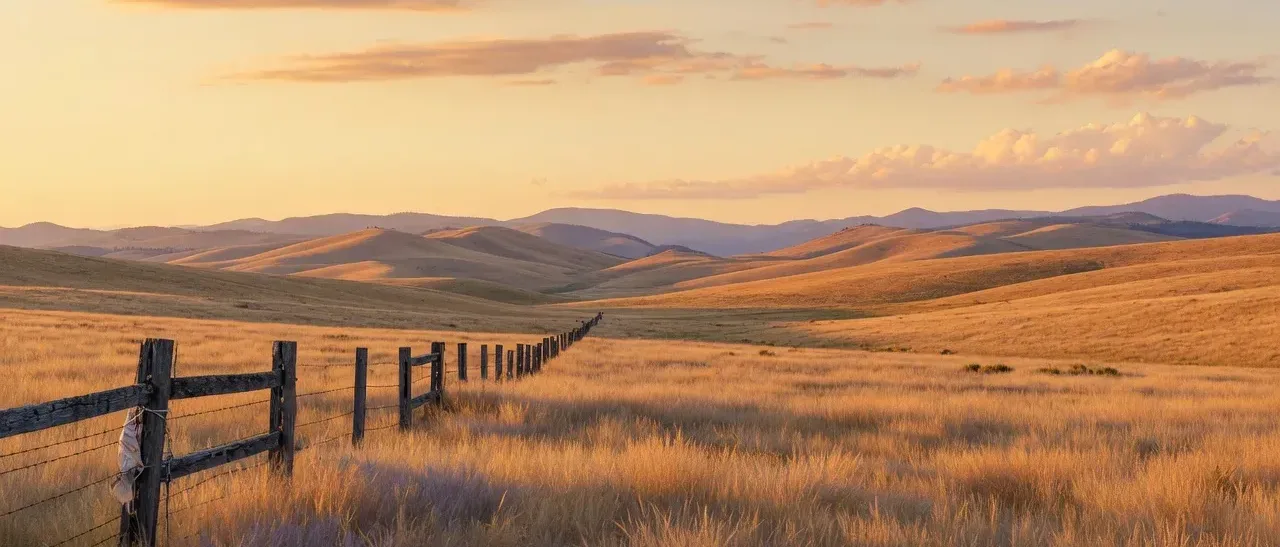 Open Oregon rangeland at golden hour with rolling hills and fence line