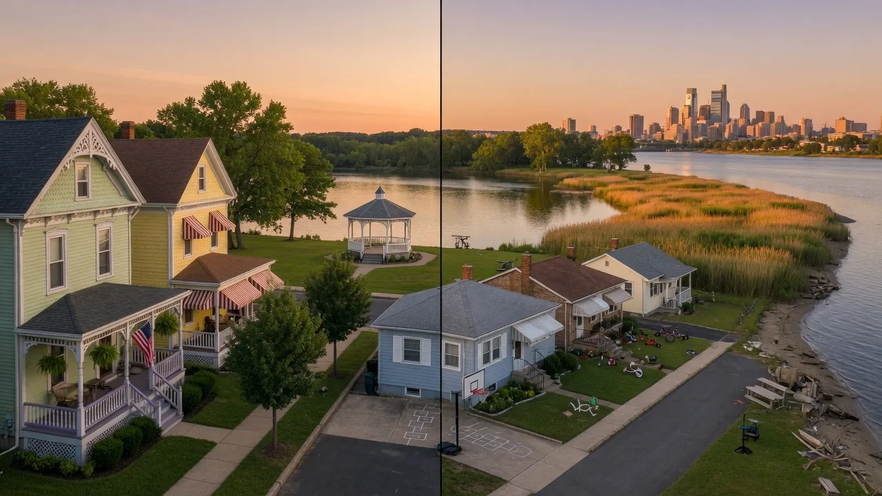 Split-screen comparison of a quiet Victorian-era street in Riverton with a white riverside gazebo and a family-friendly Palmyra street with Victorian and mid-century homes, marsh-lined cove and a distant Philadelphia skyline