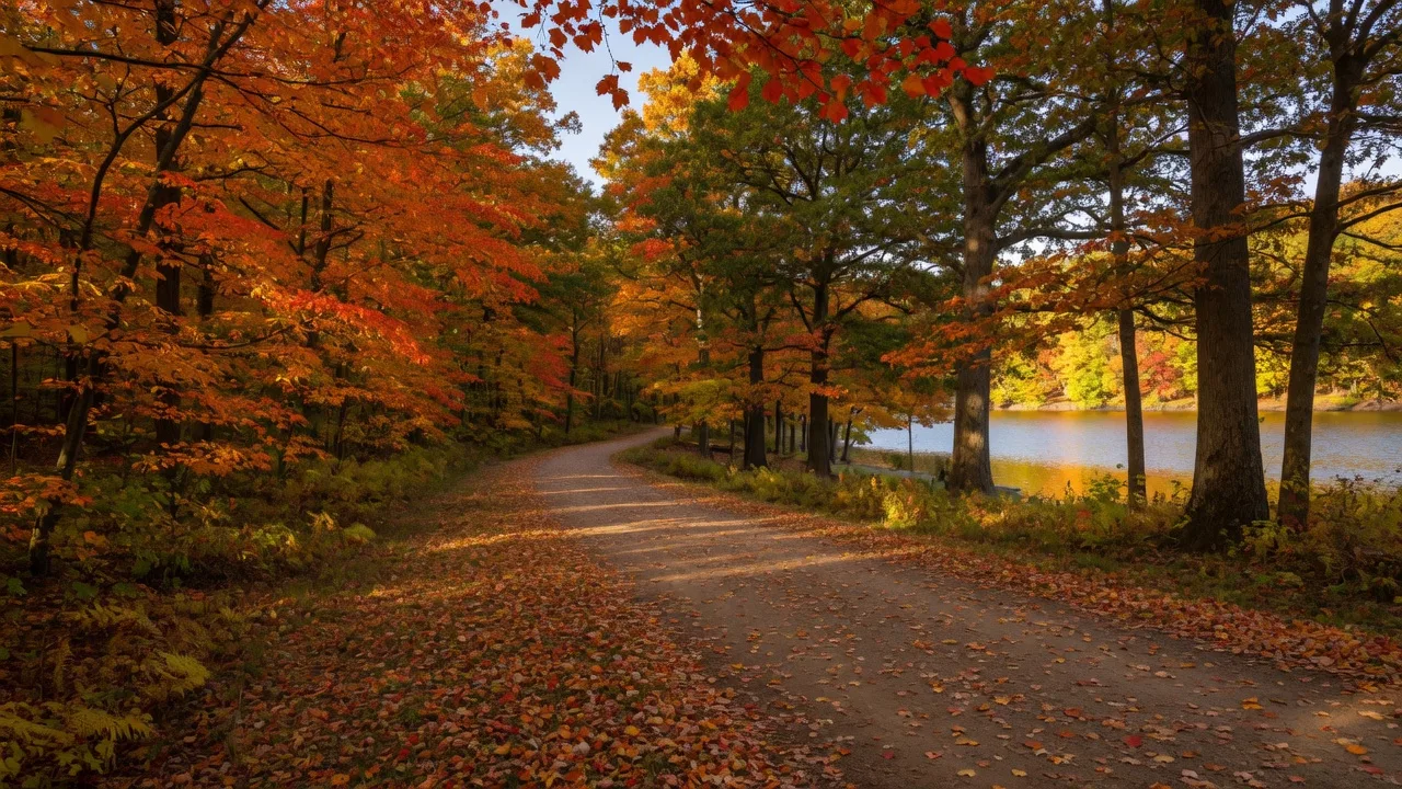 Wide forest trail curving through South Mountain Reservation in West Orange NJ in mid-October with hardwood trees at peak autumn color, dappled golden light through the canopy, and a glimpse of the reservoir between the trees