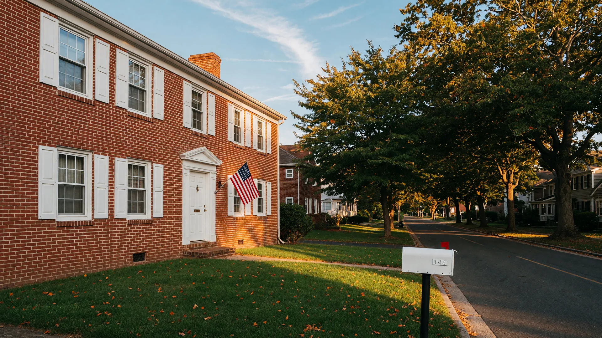 A classic brick Colonial home with an American flag and a white mailbox on a quiet tree-lined Essex County street in golden autumn light