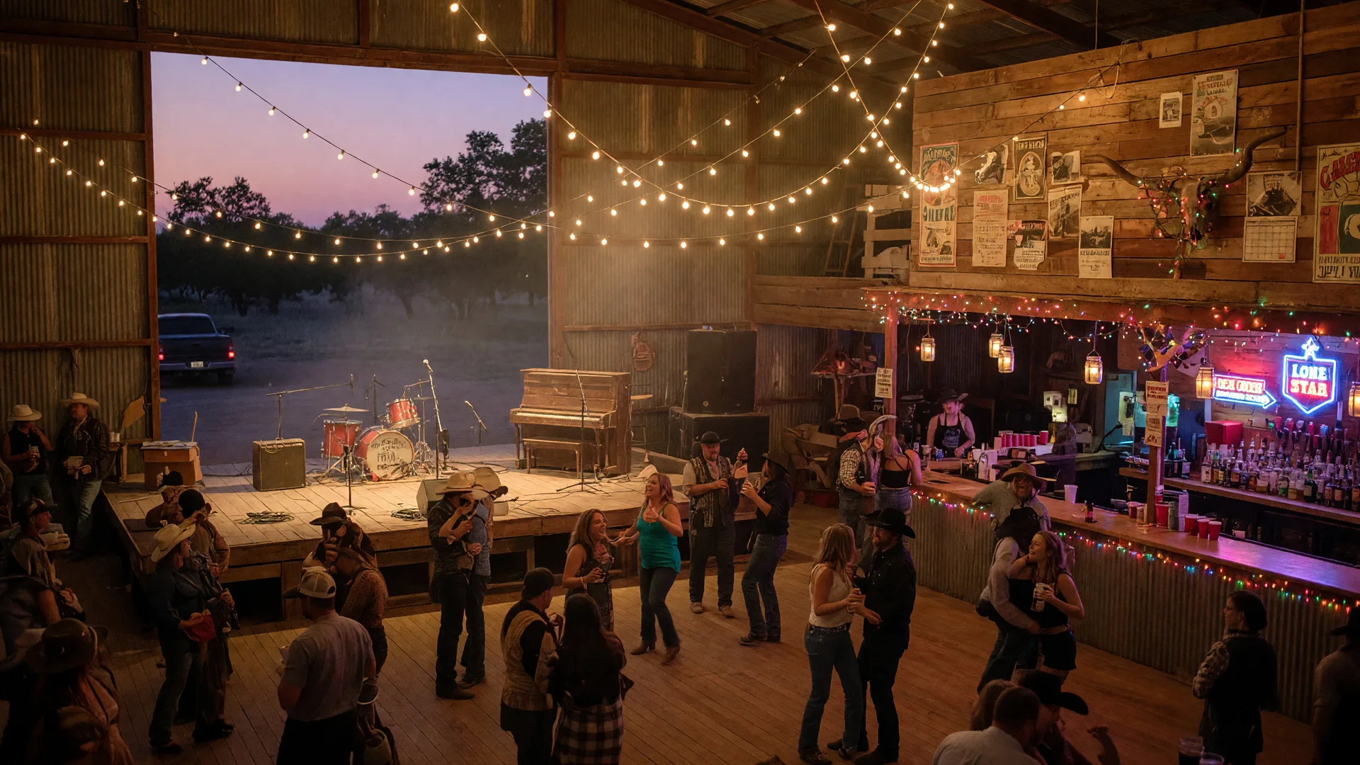 A warm Texas concert hall and icehouse venue at dusk with string lights, a weathered wooden stage, and a crowd on the dance floor