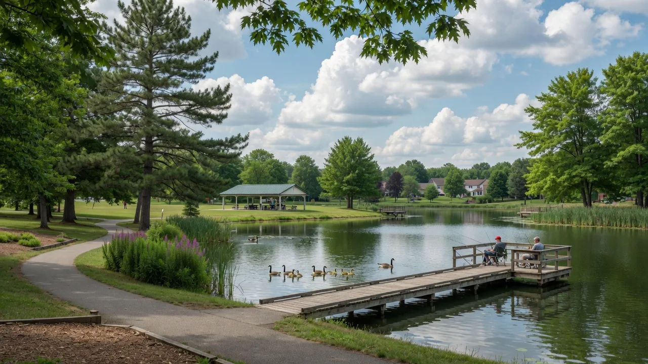 A peaceful lake with a wooden fishing pier and trail in a Strongsville Ohio Metroparks setting