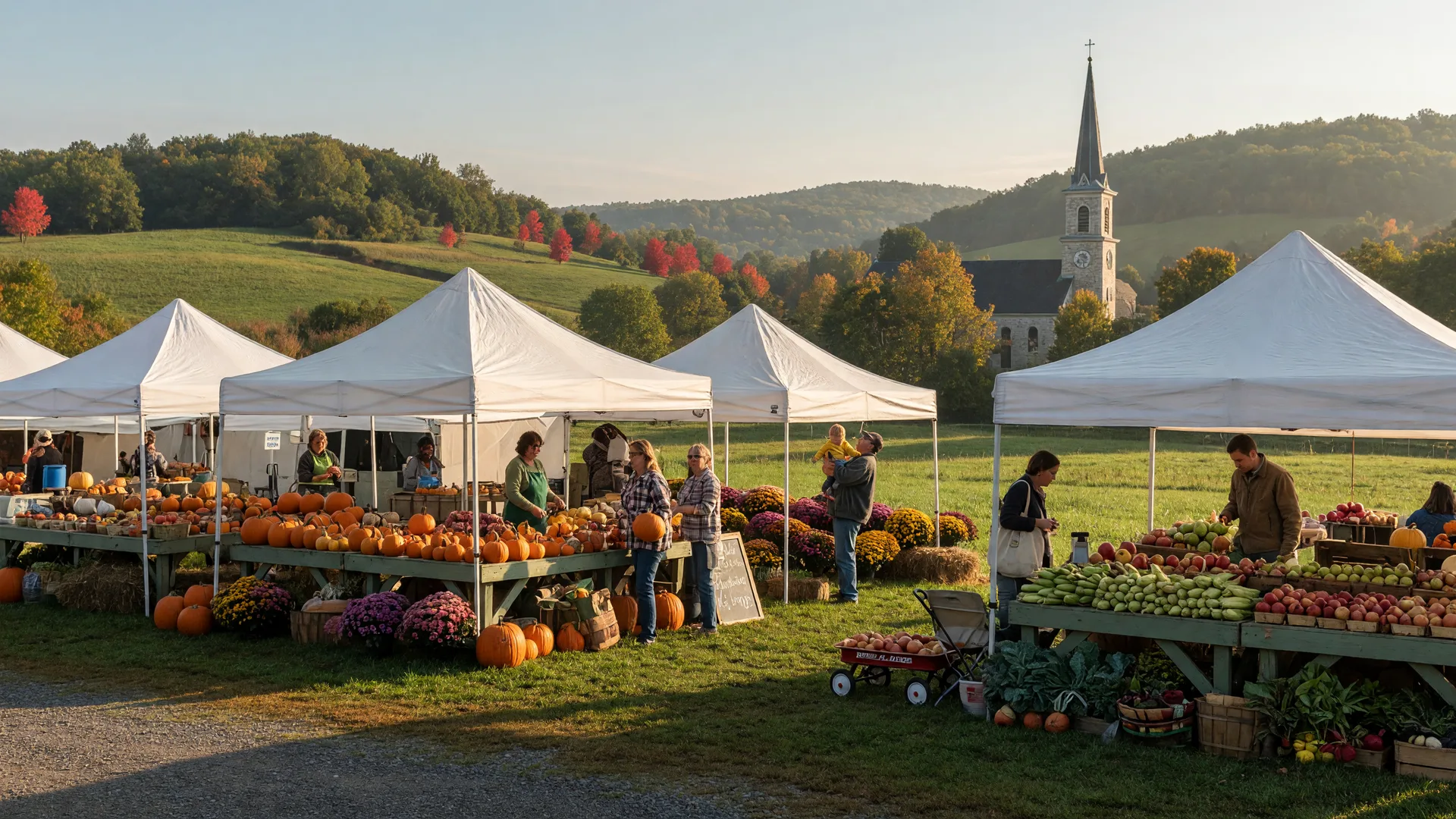 Early-autumn farmers market scene in rural Lehigh County, Pennsylvania