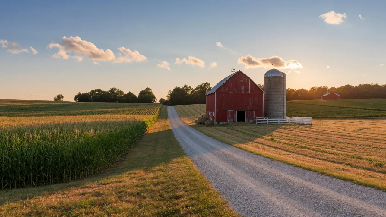 Rolling Wisconsin farmland at golden hour with a red barn and cornfields