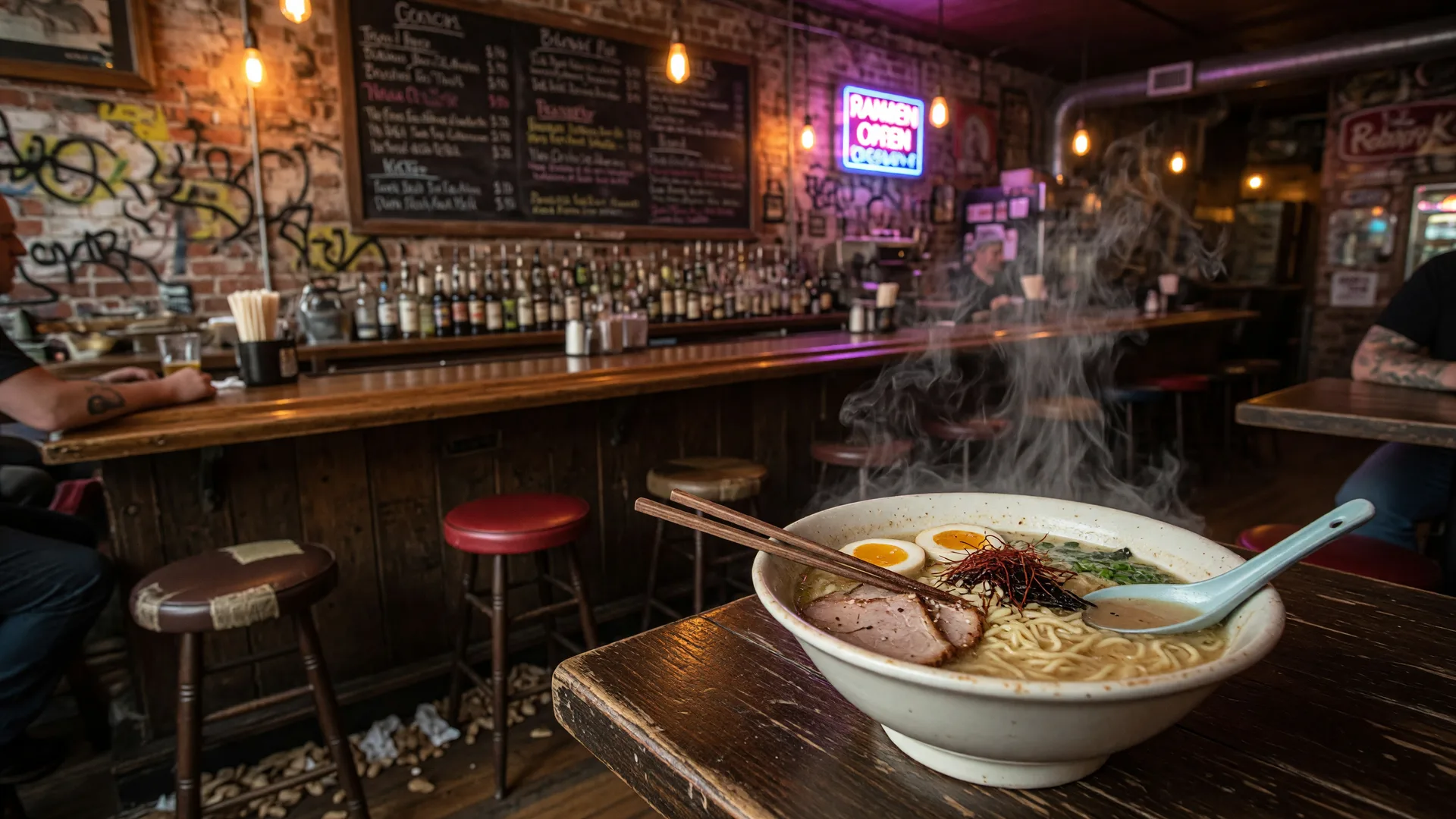 The interior of Speakeasy Ramen in Springfield Ohio with a steaming bowl of tonkotsu ramen on a wooden table, exposed brick, and Edison bulb lighting