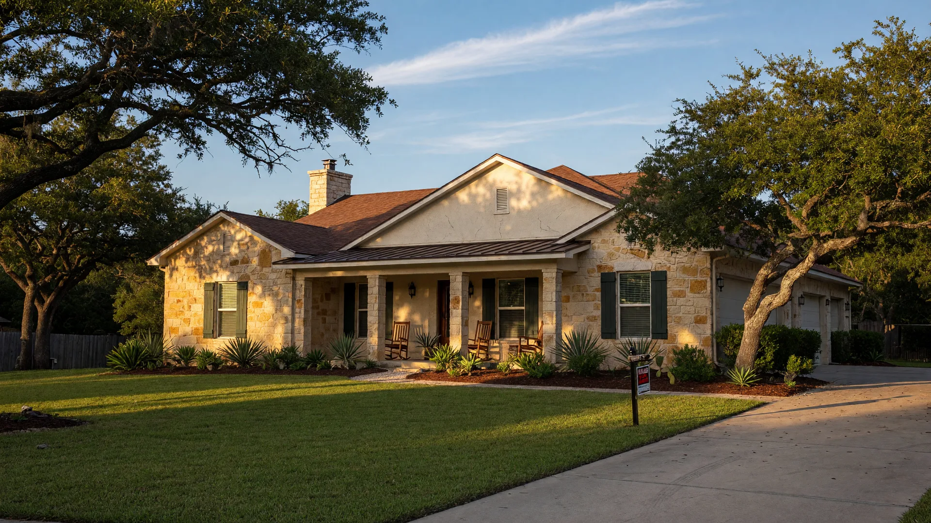 A well-kept Texas Hill Country home with a for-sale sign in the front yard in warm late-afternoon light