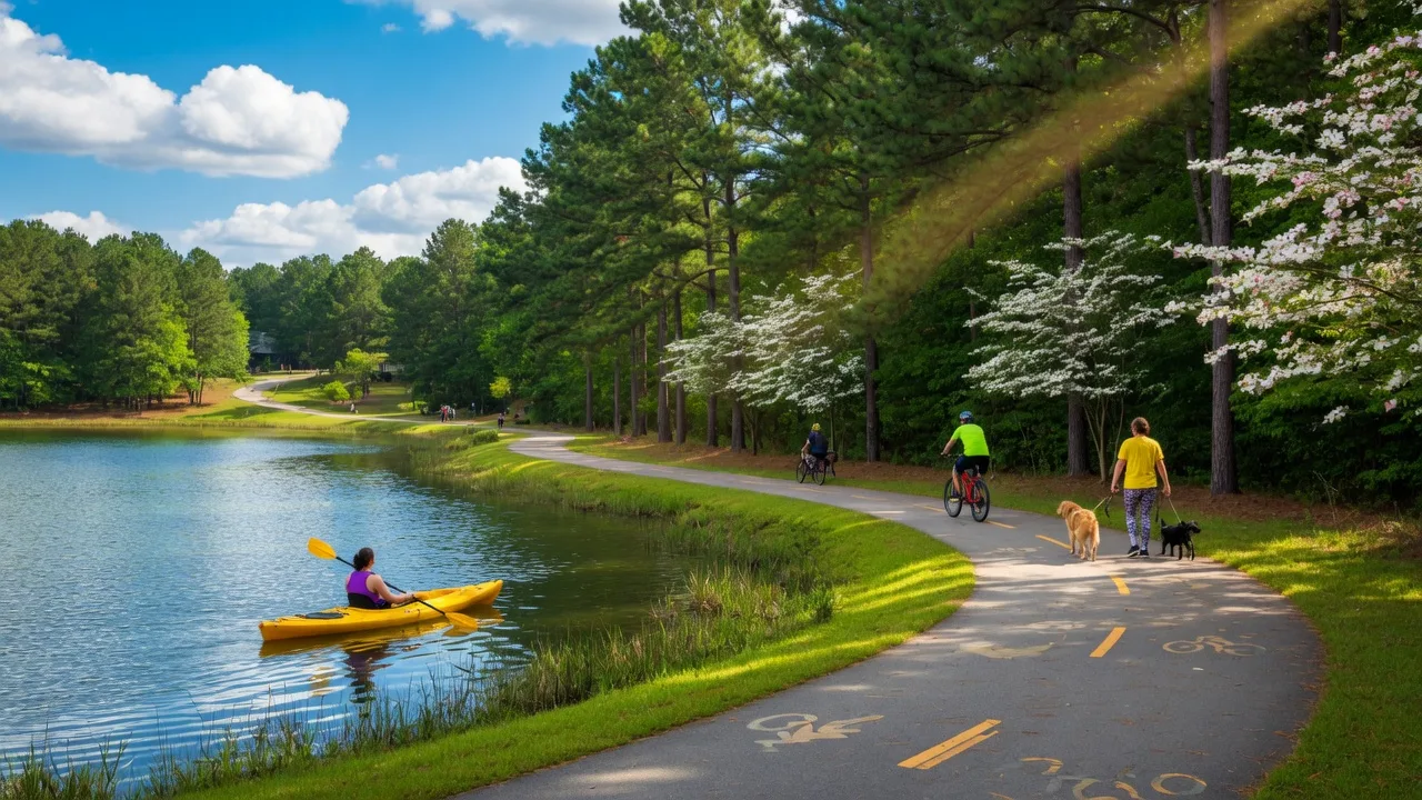 The Gwinnett County greenway beside a small lake on a sunny afternoon, with the multi-use trail full of cyclists and walkers