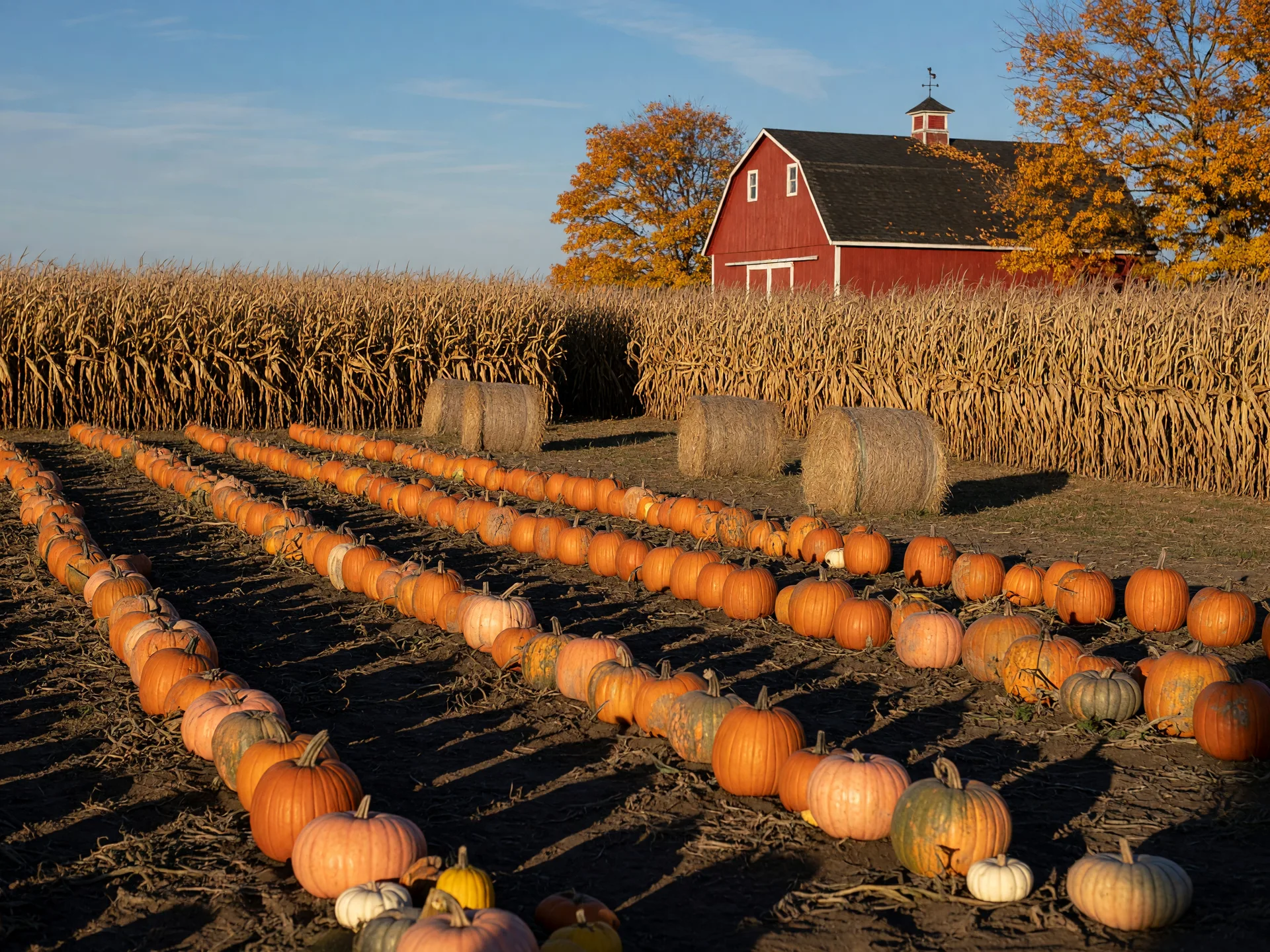 Rows of pumpkins in a Pennsylvania pumpkin patch with a corn maze, hay bales, and a red barn in the golden afternoon light