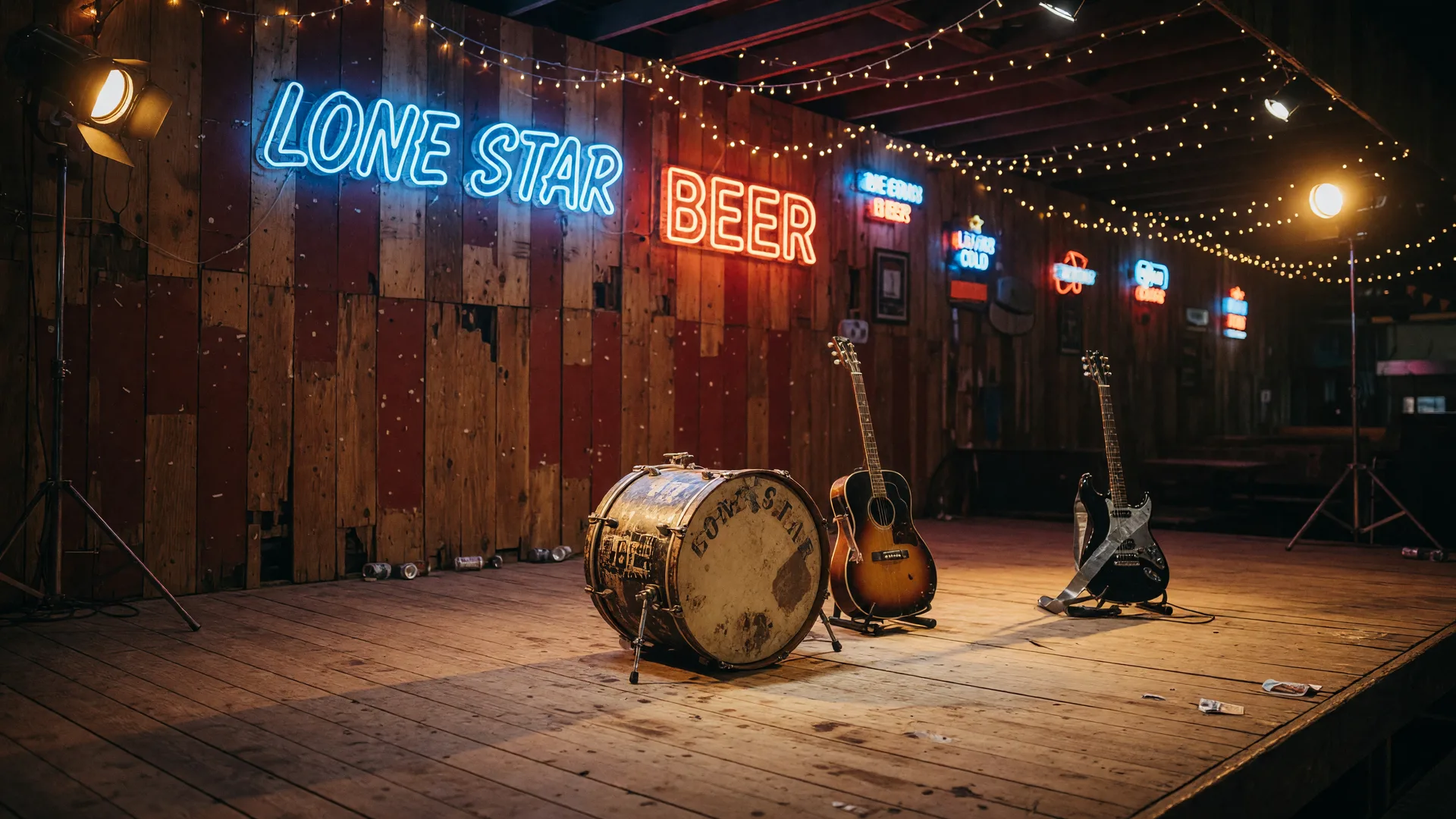 A Texas country music stage at night with a weathered wooden platform, glowing blue and red neon beer signs, guitars on stands, and a worn kick drum