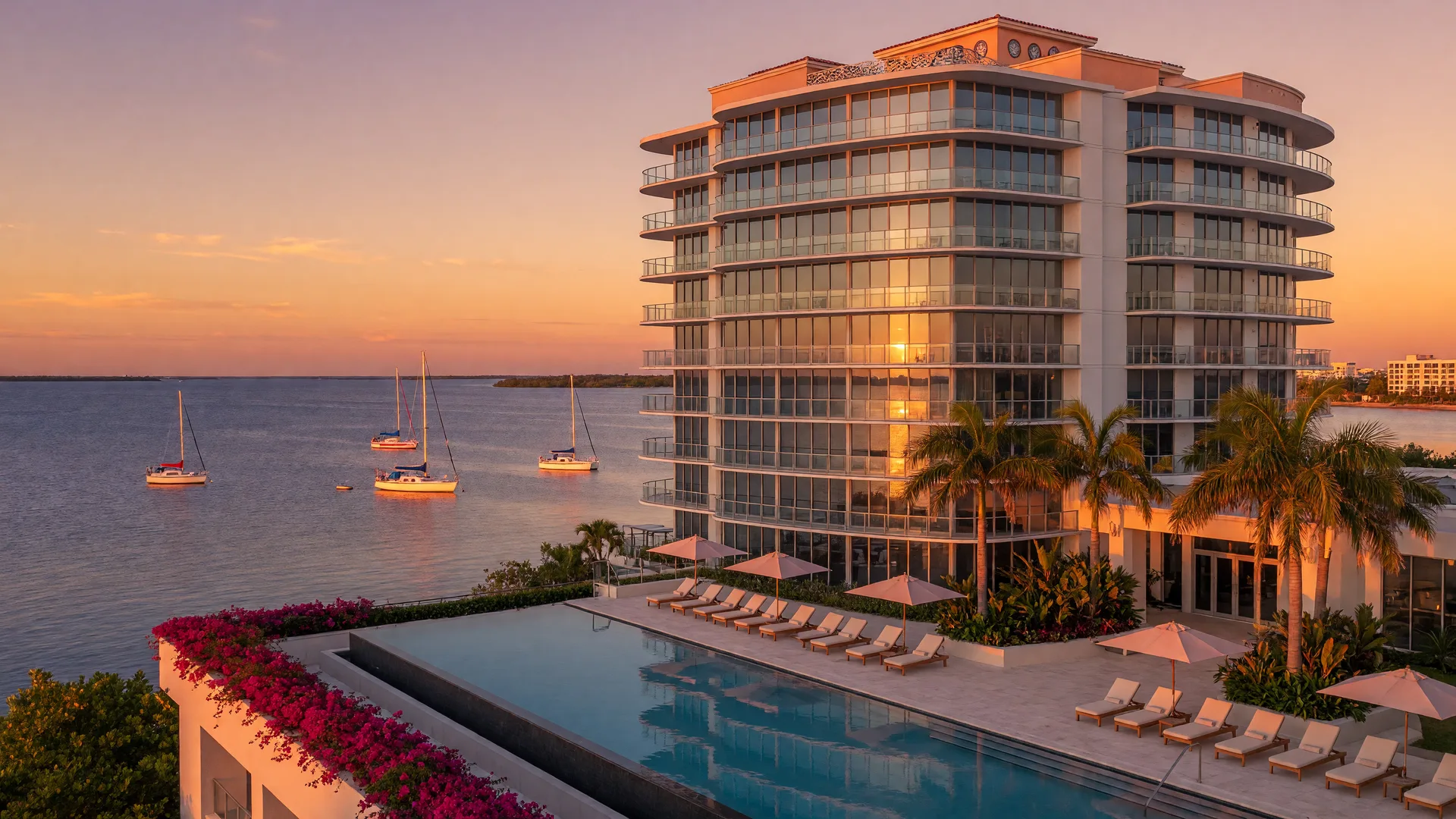 Modern luxury condominium on Sarasota Bay at golden hour with curved glass balconies, resort pool, and sailboats on the water