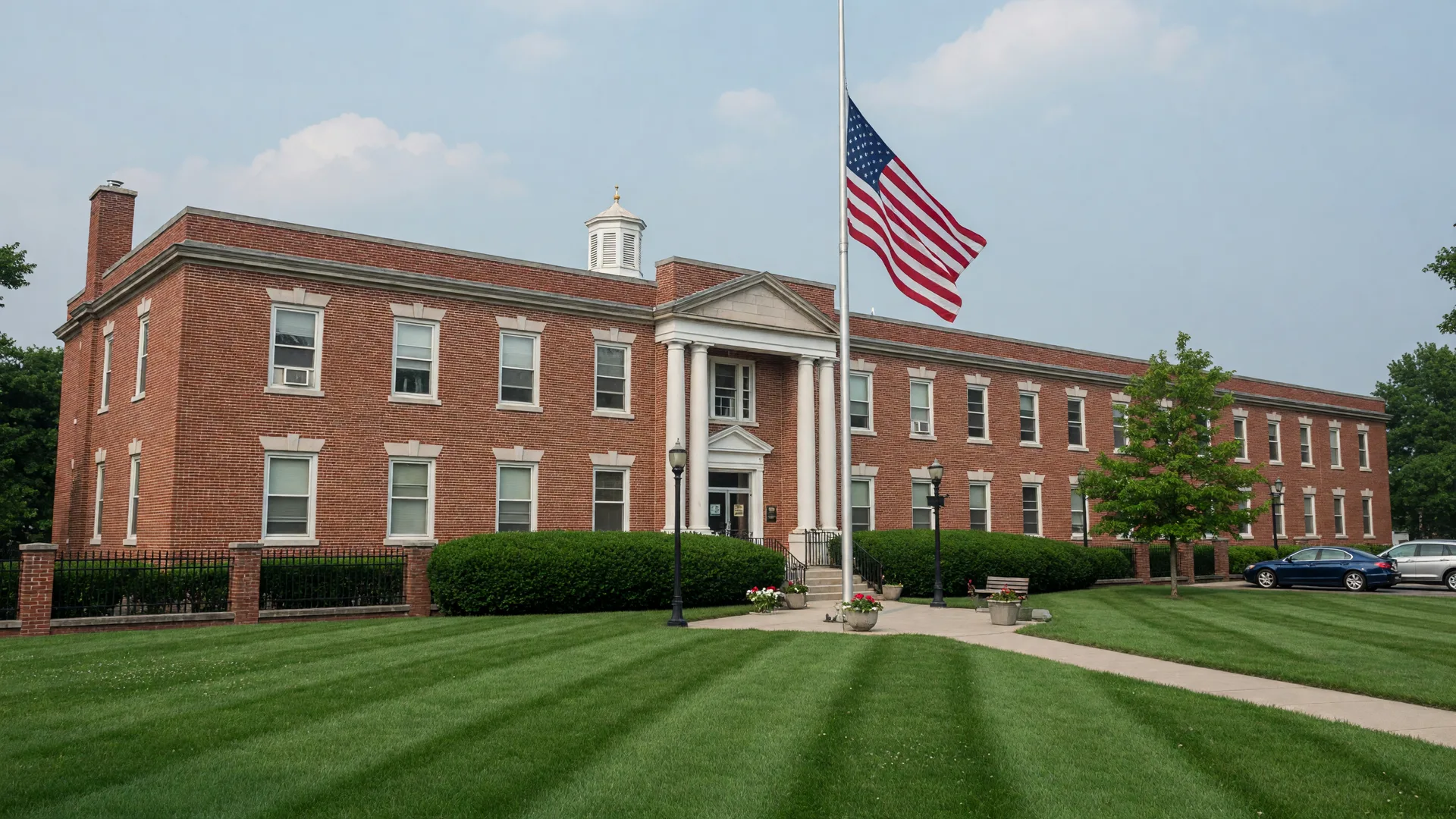 West Orange municipal building with brick facade and American flag, representing the town at the center of a legal dispute with its former police chief