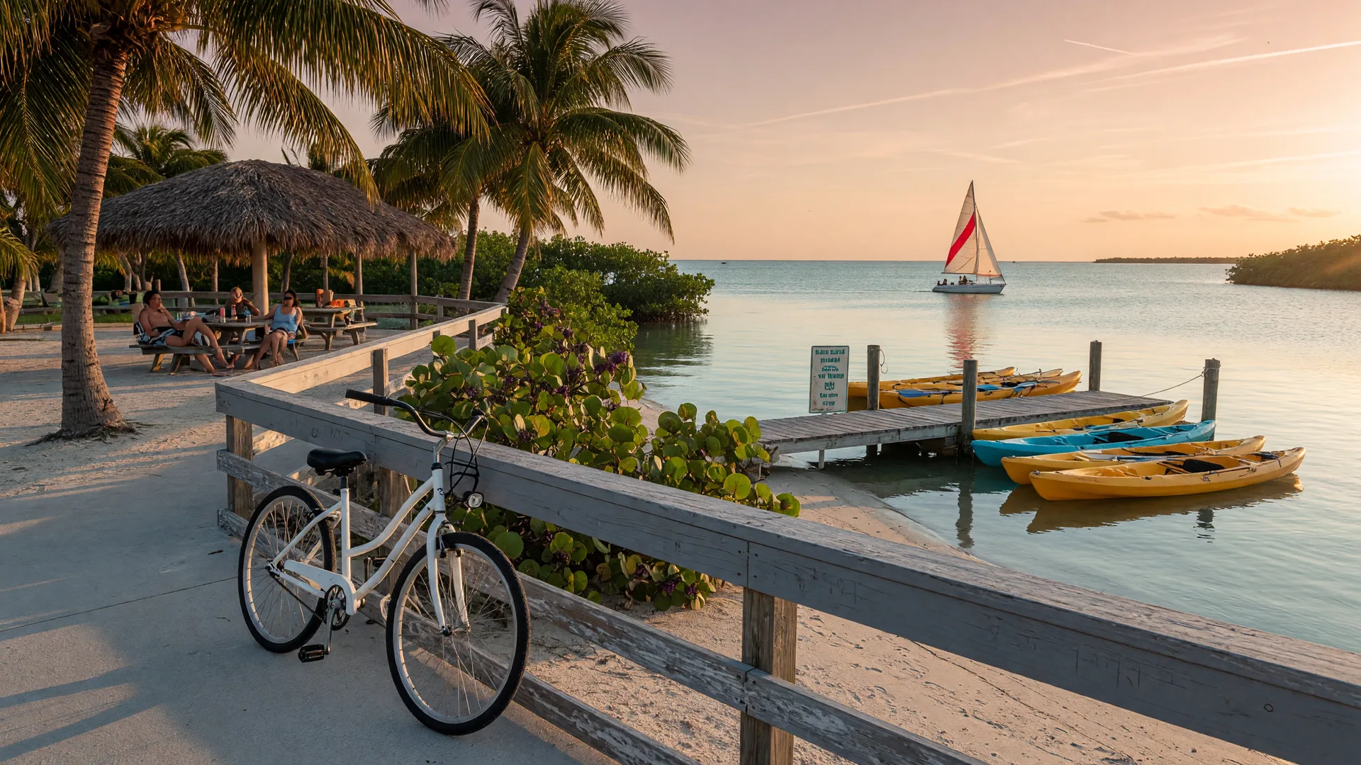 A sunlit public shoreline park in the Upper Florida Keys at golden hour, a white bicycle leaning against a weathered wooden railing, a small public dock with rental kayaks, and distant silhouettes watching a sailboat cross calm turquoise water