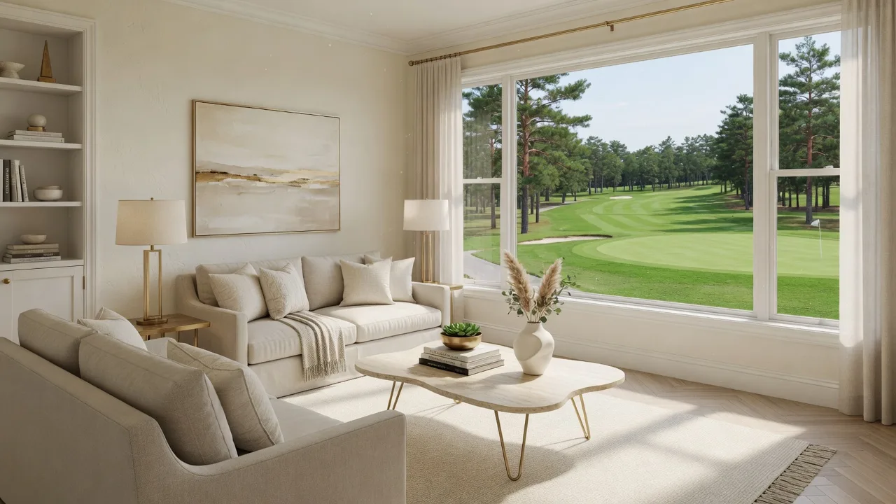 Luxury living room professionally staged with warm neutral tones, beige sofas, and a large window overlooking a golf course fairway