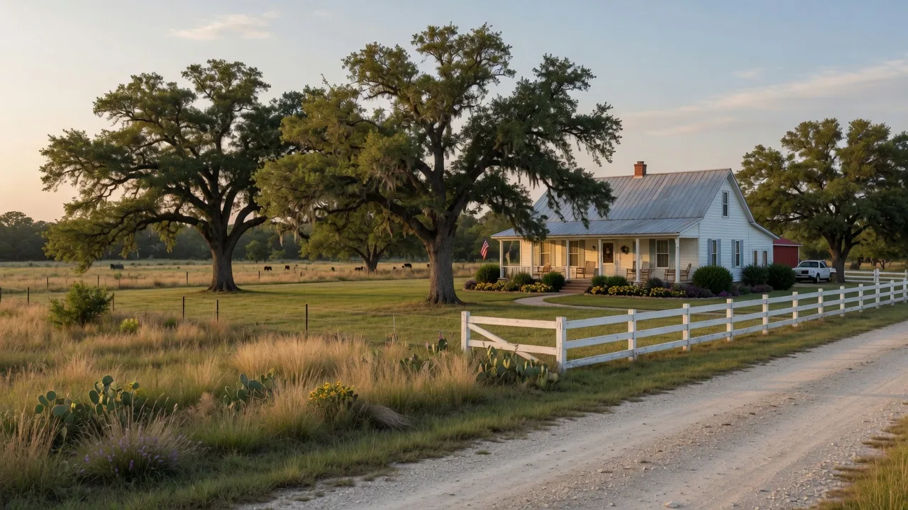 Classic rural Texas farmhouse on a country lot behind a white fence in Washington County, Texas