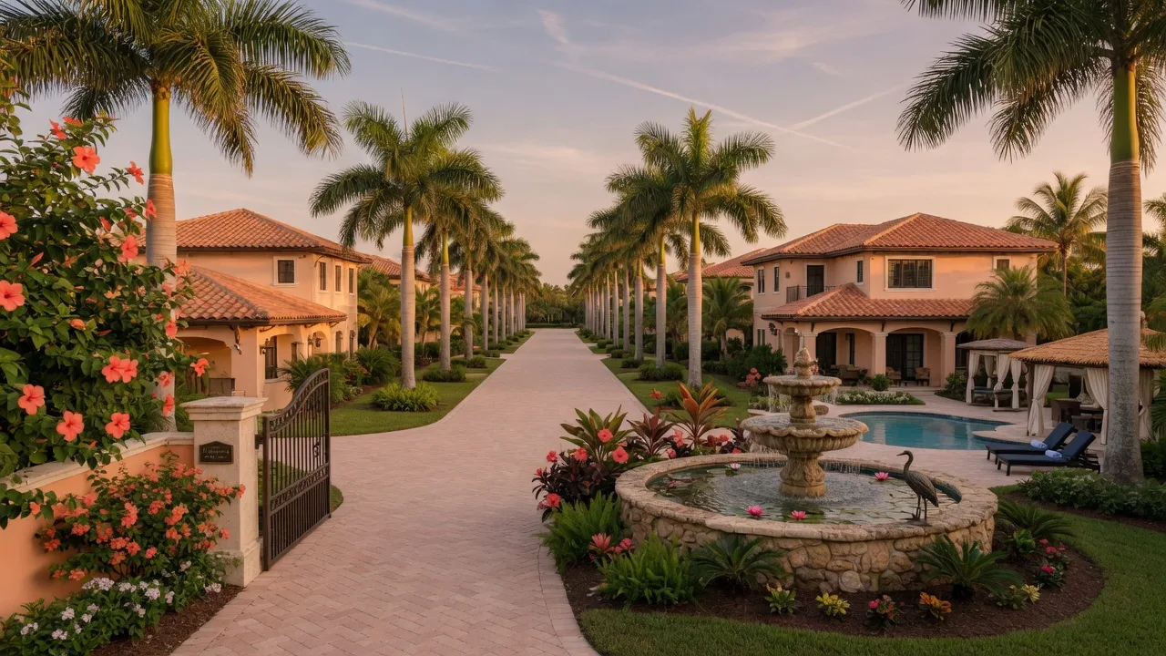 A new gated 55-plus community entrance in southwest Florida at golden hour, with Mediterranean-style barrel-tile villas, a palm-lined boulevard, a fountain, and a resort pool in warm evening light