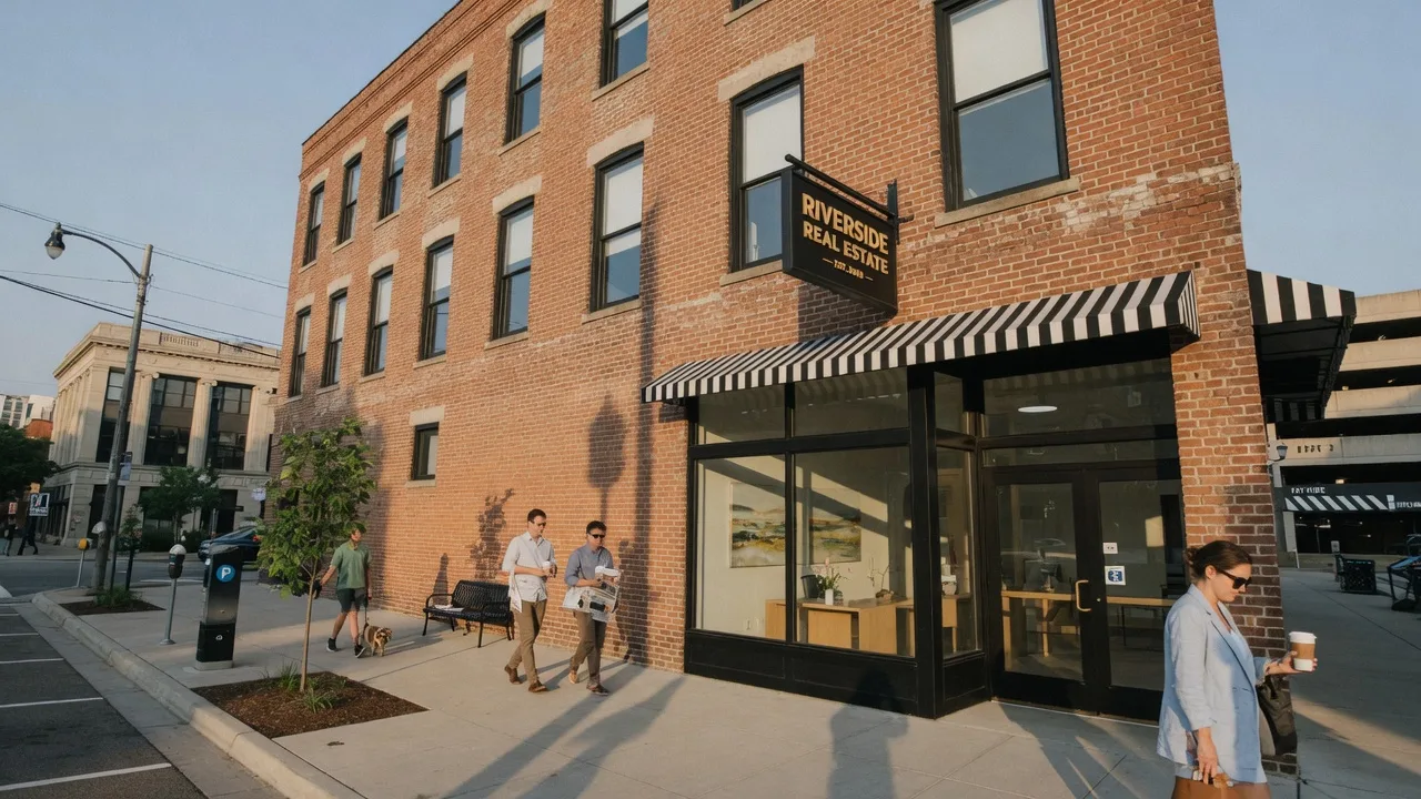 A modern independent real estate office in downtown Dayton with a renovated historic brick facade and large glass windows