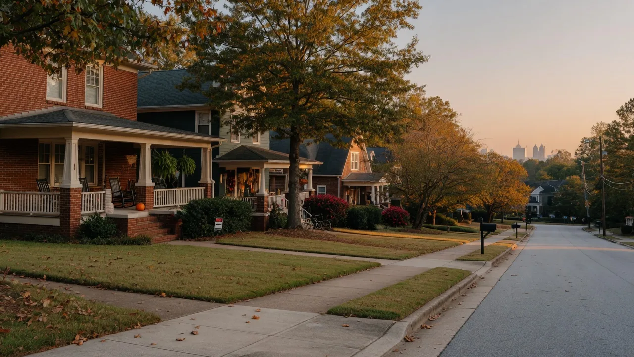 A quiet Metro Atlanta suburban street in early autumn, brick and craftsman homes under oak trees turning gold, warm late-afternoon light, representing the best time of year to buy