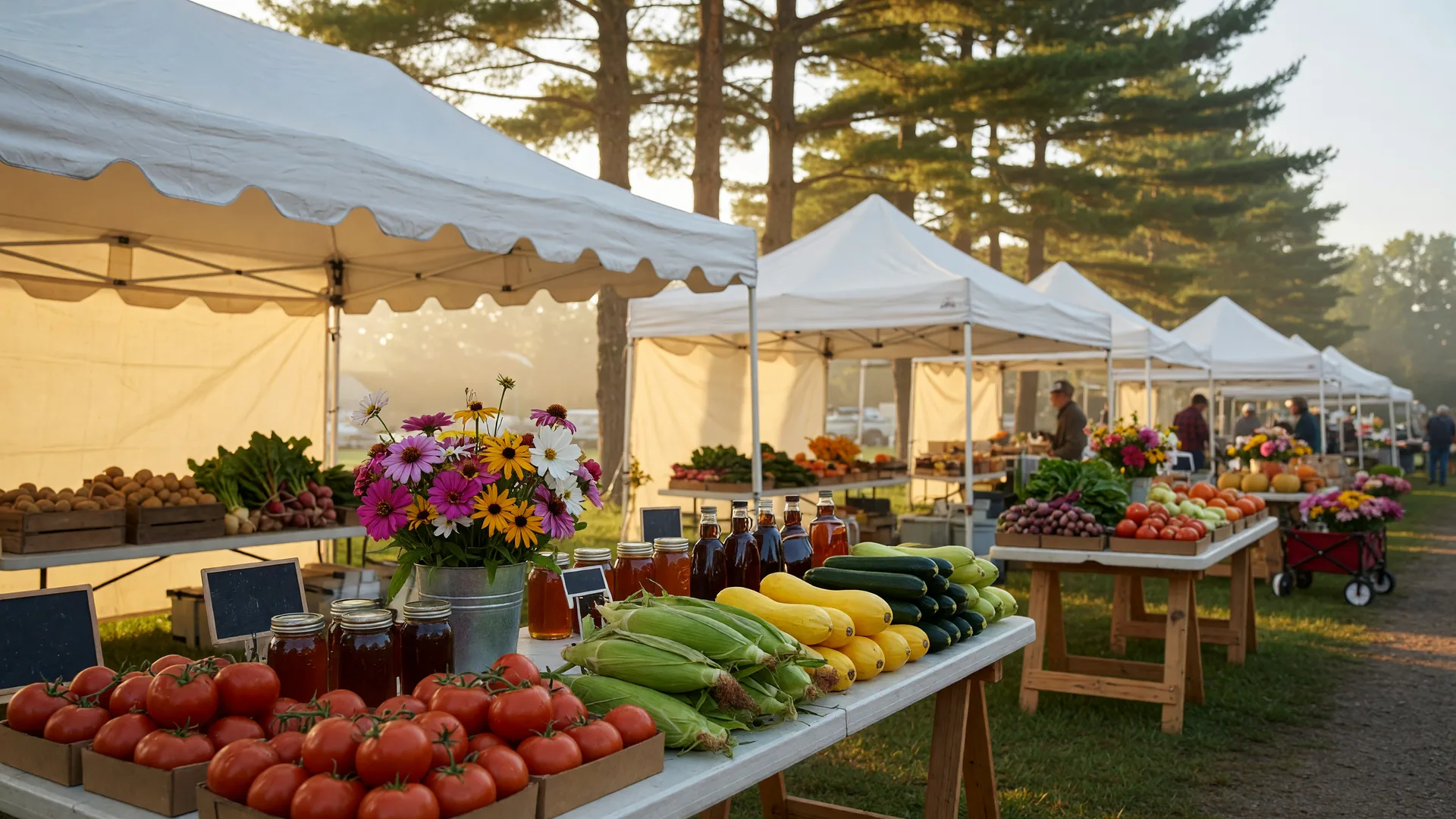 Outdoor farmers market canopy tents with tables of local produce in a small Minnesota town