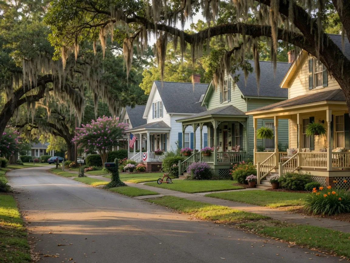 Quiet residential street in North Augusta, SC with Southern-style homes, front porches, and mature oak trees in afternoon sunlight