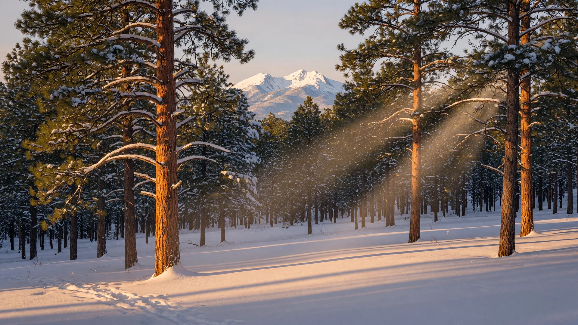 Snow-covered ponderosa forest with the San Francisco Peaks in winter light