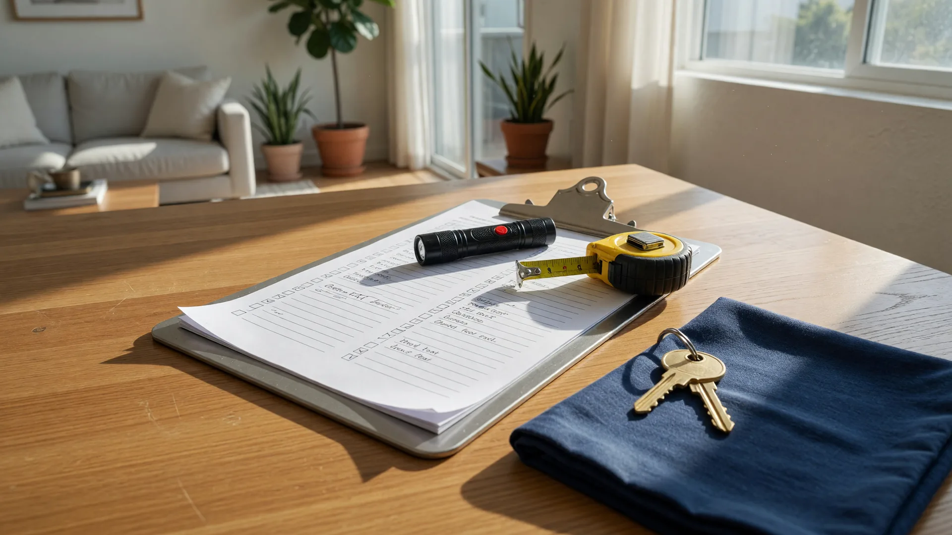 A home inspection checklist, flashlight, tape measure, and house key on a wooden table in morning light, representing the warning signs to watch for when buying a home
